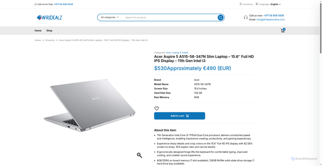 Security scan screenshot of https://afridealzonline.com/product/acer-aspire-5-a515-56-347n-slim-laptop-15-6-full-hd-ips-display-11th-gen-intel-i3/