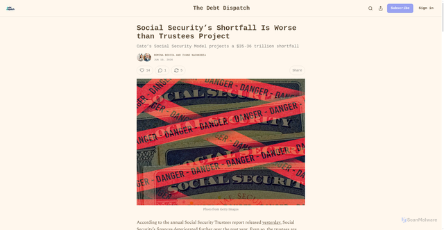 Security scan screenshot of https://debtdispatch.substack.com/p/social-securitys-shortfall-is-worse
