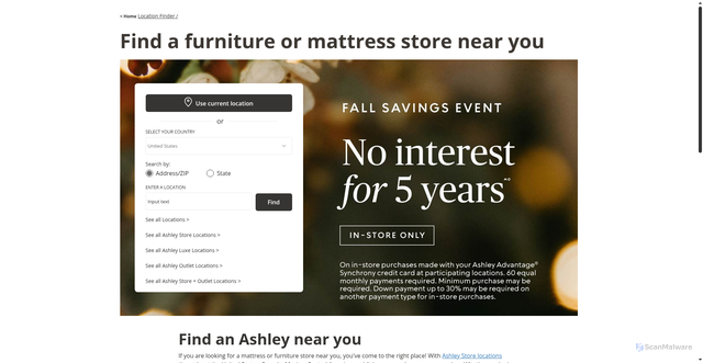 Security scan screenshot of https://stores.ashleyfurniture.com