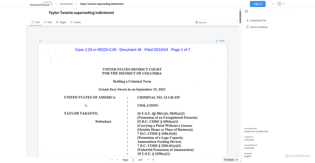 Security scan screenshot of https://www.documentcloud.org/documents/24431659-taylor-taranto-superseding-indictment/