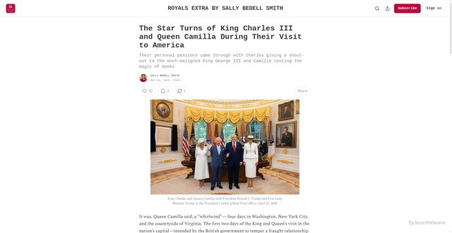 Security scan screenshot of https://sallybedellsmith.substack.com/p/the-star-turns-of-king-charles-iii?action=share