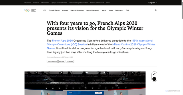 Security scan screenshot of https://olympics.com/ioc/news/with-four-years-to-go-french-alps-2030-presents-its-vision-for-the-olympic-winter-games