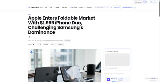 Security scan screenshot of https://news.trustfinance.com/news/en-US/apple-enters-foldable-market-with-1999-iphone-duo-challenging-samsungs-dominance