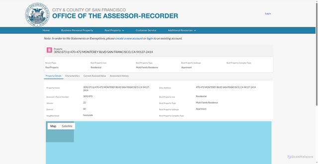 Security scan screenshot of https://online.sfassessor.org/s/property/a1Jcs00000CuL37EAF/3092-073-470472-monterey-blvd-san-francisco-ca-941272414