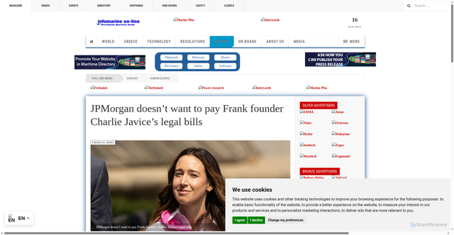 Security scan screenshot of https://infomarine.net/en/insight/117-financial-news/49193-jpmorgan-doesn%E2%80%99t-want-to-pay-frank-founder-charlie-javice%E2%80%99s-legal-bills.html