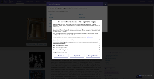 Security scan screenshot of https://www.findagrave.com/memorial/130788097/brian_leslie-cole