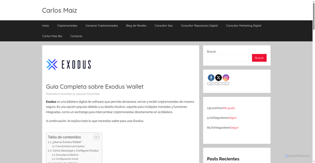 Security scan screenshot of https://www.carlosmaiz.com/guia-completa-sobre-exodus-wallet/