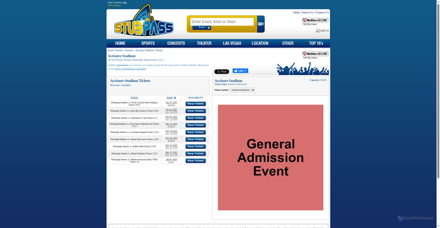 Security scan screenshot of https://www.stubpass.com/venue/acrisure-stadium/