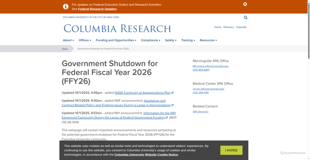 Security scan screenshot of https://research.columbia.edu/govtshutdownffy26