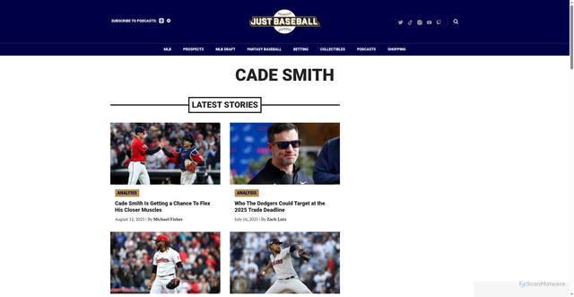 Security scan screenshot of https://www.justbaseball.com/player/cade-smith/