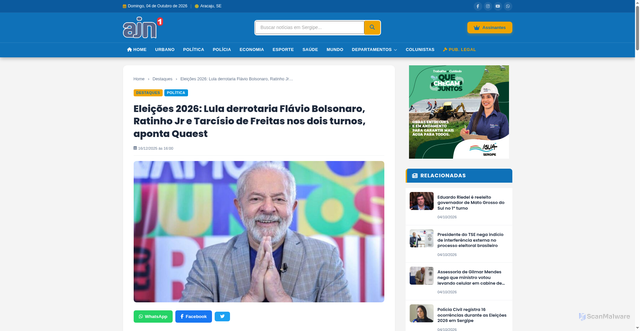 Security scan screenshot of https://ajn1.com.br/eleicoes-2026-lula-derrotaria-flavio-bolsonaro-ratinho-jr-e-tarcisio-de-freitas-nos-dois-turnos-aponta-quaest/