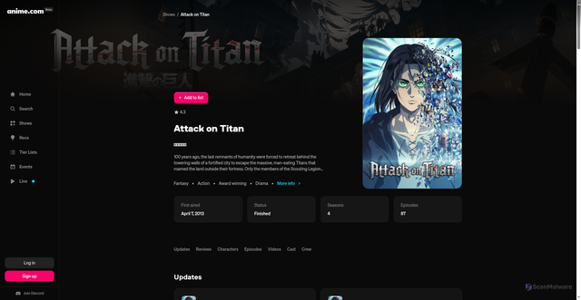 Security scan screenshot of https://www.anime.com/shows/attack-on-titan