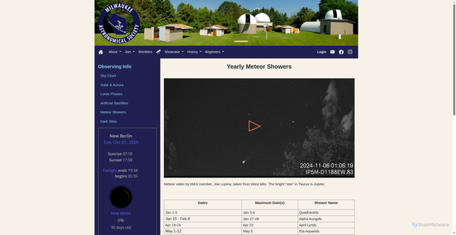 Security scan screenshot of https://milwaukeeastro.org/obsInfo/meteorShowers.asp