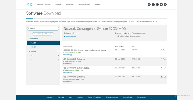Security scan screenshot of https://software.cisco.com/download/home/286329548/type/286224007/release/24.2.21
