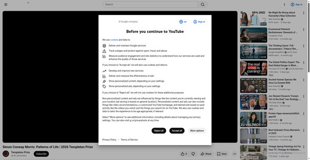 Security scan screenshot of https://www.youtube.com/watch?v=vV6Qu0TFajU&utm_source=Receive+News+from+the+John+Templeton+Foundation&utm_campaign=5476e5e7dd-EMAIL_CAMPAIGN_2026_templetonprize-20260421&utm_medium=email&utm_term=0_-fc83279c7c-97355777