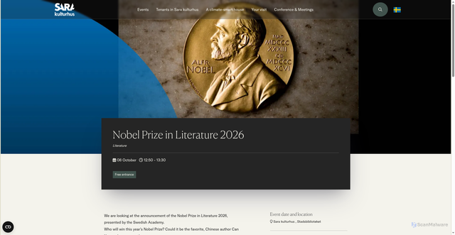 Security scan screenshot of https://www.sarakulturhus.se/en/events/nobel-prize-in-literature-2026/