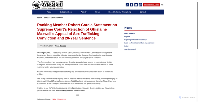 Security scan screenshot of https://oversightdemocrats.house.gov/news/press-releases/ranking-member-robert-garcia-statement-supreme-courts-rejection-ghislaine