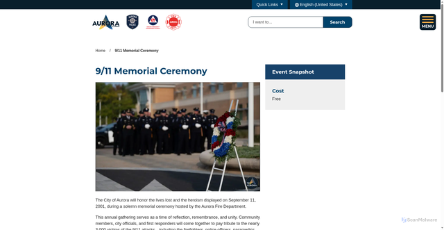 Security scan screenshot of https://publicsafety.aurora.il.us/Events-directory/911-Memorial-Ceremony