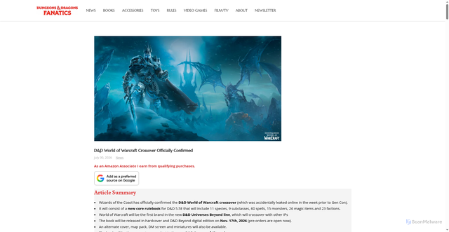 Security scan screenshot of https://dungeonsanddragonsfan.com/dnd-world-of-warcraft-crossover/