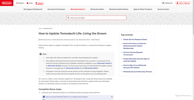 Security scan screenshot of https://en-americas-support.nintendo.com/app/answers/detail/a_id/71491/~/how-to-update-tomodachi-life%3A-living-the-dream