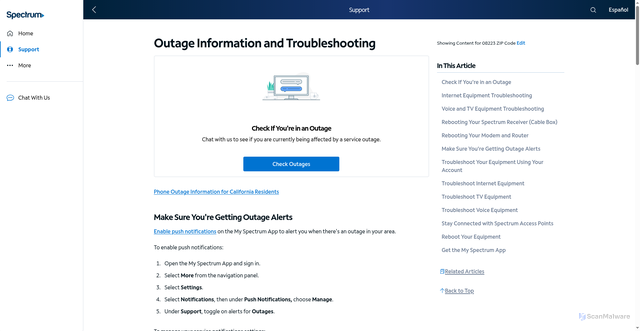 Security scan screenshot of https://www.spectrum.net/support/internet/troubleshooting-your-spectrum-services-after-outage