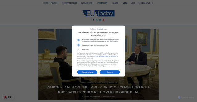 Security scan screenshot of https://eutoday.net/which-plan-is-on-the-table-driscolls-meeting-with-russians-exposes-rift-over-ukraine-deal/