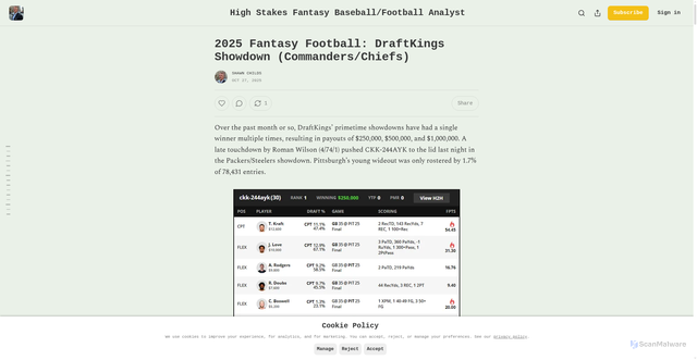 Security scan screenshot of https://fantasyanalyst.substack.com/p/2025-fantasy-football-draftkings-307