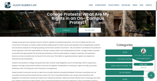 Security scan screenshot of https://www.allenharrislaw.com/what-are-my-rights-in-a-campus-protest-or-demonstration/
