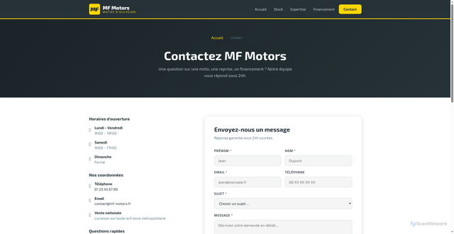 Security scan screenshot of https://mfmotors.pages.dev/contact?moto=Honda+CB500F