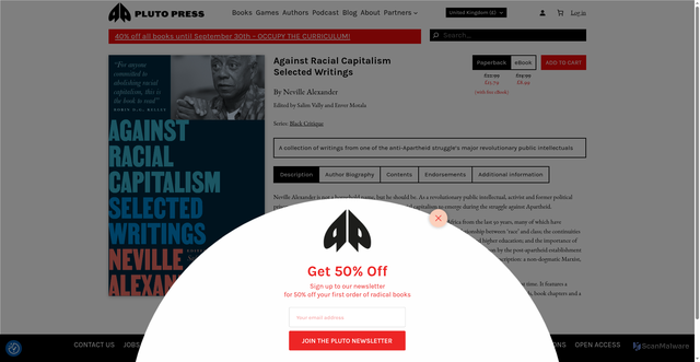 Security scan screenshot of https://www.plutobooks.com/product/against-racial-capitalism/