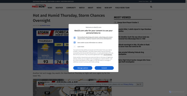 Security scan screenshot of https://www.kbsi23.com/weather/hot-and-humid-thursday-storm-chances-overnight/