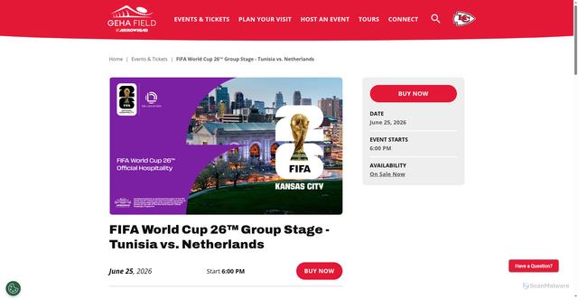 Security scan screenshot of https://www.gehafieldatarrowhead.com/events/detail/fifa-world-cup-26-group-stage-tunisia-vs-netherlands