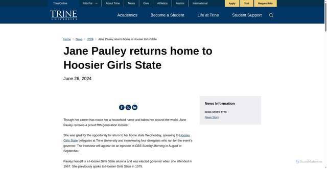 Security scan screenshot of https://www.trine.edu/news/2024/jane-pauley.aspx