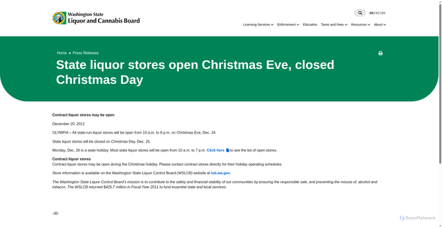 Security scan screenshot of https://lcb.wa.gov/pressreleases/state-liquor-stores-open-christmas-eve-closed-christmas-day