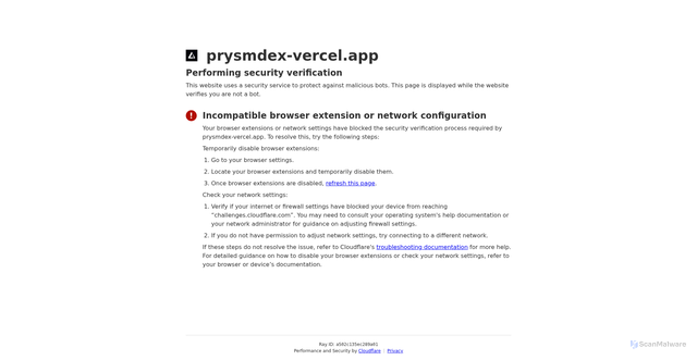 Security scan screenshot of https://prysmdex-vercel.app/