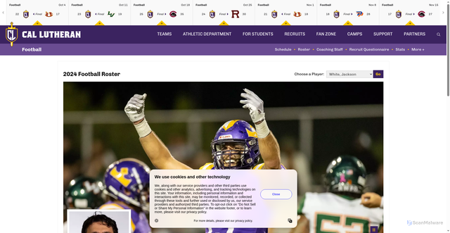 Security scan screenshot of https://clusports.com/sports/football/roster/jackson-white/7212