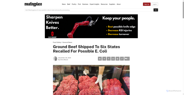 Security scan screenshot of https://meatingplace.com/ground-beef-shipped-to-six-states-recalled-for-possible-e-coli/
