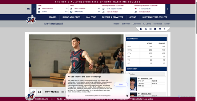 Security scan screenshot of https://maritimeathletics.com/news/2025/12/9/mens-basketball-devaneys-late-jumper-seals-win-at-new-paltz.aspx