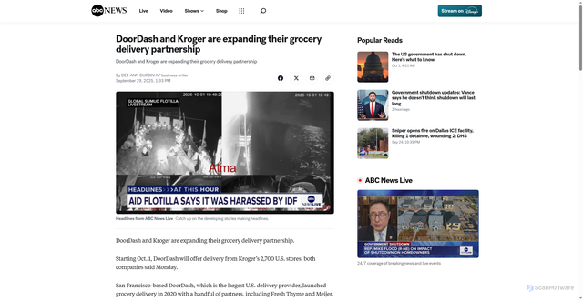 Security scan screenshot of https://abcnews.go.com/Business/wireStory/doordash-kroger-expanding-grocery-delivery-partnership-126037813