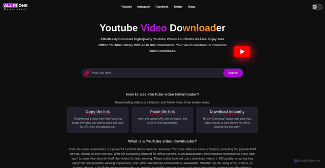 Security scan screenshot of https://www.allinonedownloader.co/yt-video-downloader