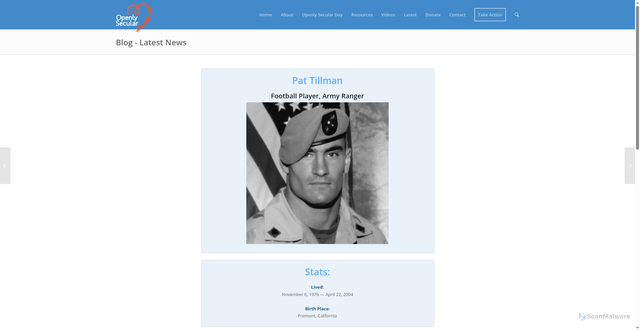 Security scan screenshot of https://openlysecular.org/freethinker/pat-tillman/