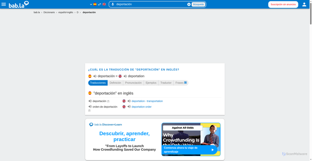 Security scan screenshot of https://es.bab.la/diccionario/espanol-ingles/deportaci%C3%B3n