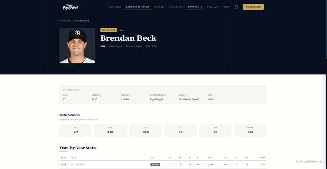 Security scan screenshot of https://bronxpinstripes.com/yankees/prospects/brendan-beck