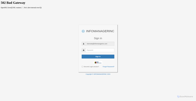 Security scan screenshot of https://yogisandyoginis.com/wp-content/zucm.htm#ckennedy@infomanagerinc.com