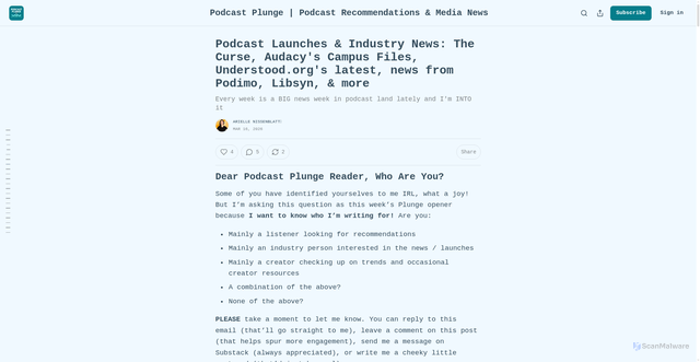 Security scan screenshot of https://podcastplunge.substack.com/p/podcast-launches-and-industry-news
