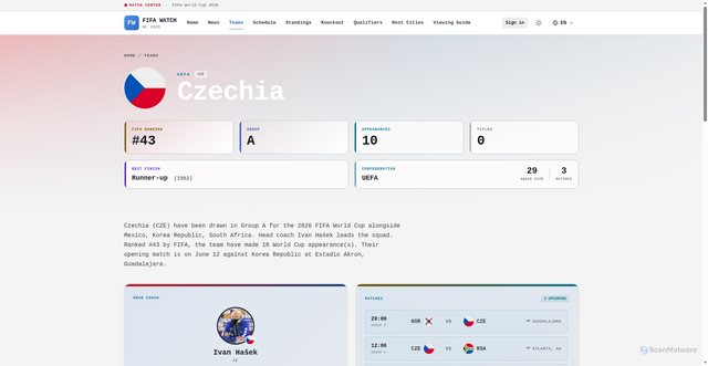 Security scan screenshot of https://fifawatch.com/en/team/czechia/