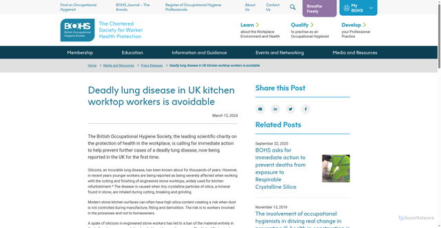 Security scan screenshot of https://www.bohs.org/media-resources/press-releases/detail/deadly-lung-disease-in-uk-kitchen-worktop-workers-is-avoidable/