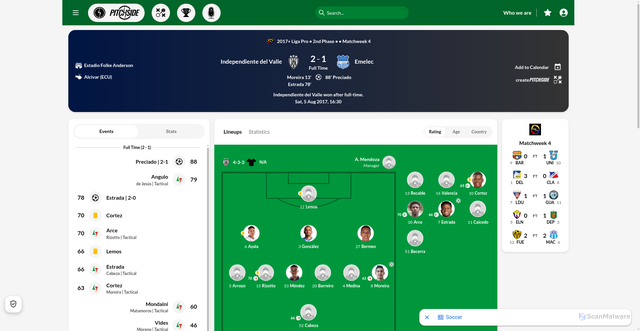 Security scan screenshot of https://pitchside.app/match/3405497/independiente-del-valle-vs-emelec