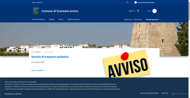 Security scan screenshot of https://www.comune.scanzanojonico.mt.it/
