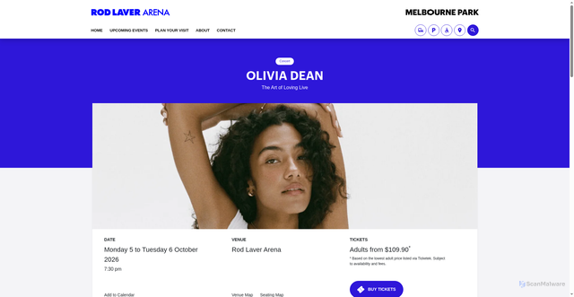 Security scan screenshot of https://rodlaverarena.com.au/event/olivia-dean-the-art-of-loving-live-2026/